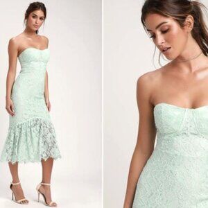 LULUS Divine Nights Mint Green Lace Strapless Midi Dress